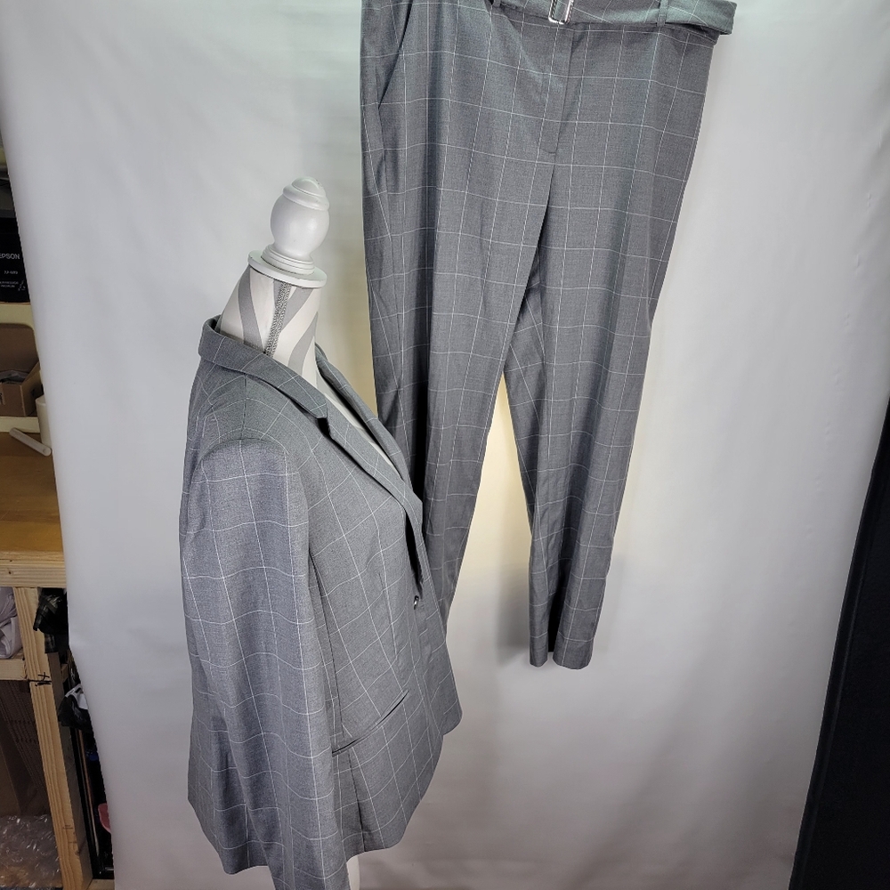 NWT Calvin Klein 2 Piece Gray White Plaid Suit Jacket & Pants w Belt Size 16 - Picture 5 of 16
